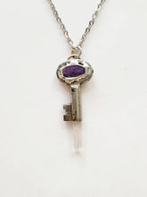 Load image into Gallery viewer, Antique Vintage Key with Charoite &amp; Arkansas Quartz Handmade OOAK
