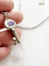 Load image into Gallery viewer, Antique Vintage Key with Charoite &amp; Arkansas Quartz Handmade OOAK
