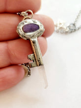 Load image into Gallery viewer, Antique Vintage Key with Charoite &amp; Arkansas Quartz Handmade OOAK
