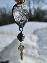 Load image into Gallery viewer, Large Rutile Quartz with Garden Quartz and Small Antique Key Handmade OOAK
