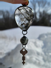 Load image into Gallery viewer, Large Rutile Quartz with Garden Quartz and Small Antique Key Handmade OOAK
