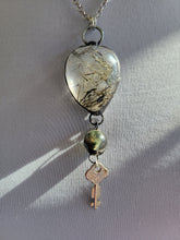 Load image into Gallery viewer, Large Rutile Quartz with Garden Quartz and Small Antique Key Handmade OOAK
