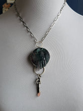 Load image into Gallery viewer, Carved Fluorite with Two Crystal Keys Pink Amethyst and Clear QuartzNecklace Handmade OOAK
