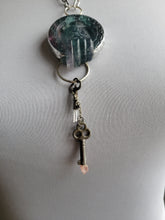 Load image into Gallery viewer, Carved Fluorite with Two Crystal Keys Pink Amethyst and Clear QuartzNecklace Handmade OOAK
