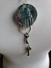 Load image into Gallery viewer, Carved Fluorite with Two Crystal Keys Pink Amethyst and Clear QuartzNecklace Handmade OOAK
