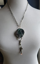 Load image into Gallery viewer, Carved Fluorite with Two Crystal Keys Pink Amethyst and Clear QuartzNecklace Handmade OOAK
