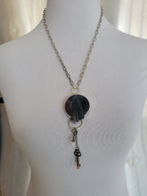 Load image into Gallery viewer, Carved Fluorite with Two Crystal Keys Pink Amethyst and Clear QuartzNecklace Handmade OOAK
