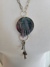 Load image into Gallery viewer, Carved Fluorite with Two Crystal Keys Pink Amethyst and Clear QuartzNecklace Handmade OOAK
