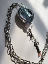 Load image into Gallery viewer, Carved Fluorite with Two Crystal Keys Pink Amethyst and Clear QuartzNecklace Handmade OOAK
