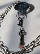 Load image into Gallery viewer, Carved Fluorite with Two Crystal Keys Pink Amethyst and Clear QuartzNecklace Handmade OOAK
