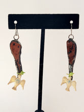 Load image into Gallery viewer, Mahogany Obsidian and Vintage Bird Stamping Earrings Handmade OOAK
