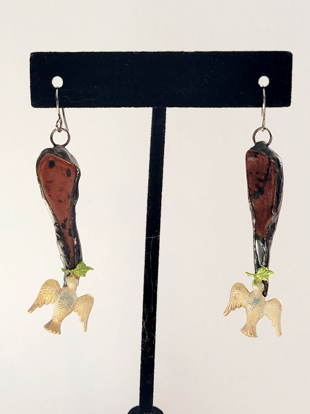 Mahogany Obsidian and Vintage Bird Stamping Earrings Handmade OOAK