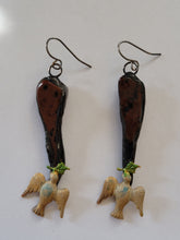 Load image into Gallery viewer, Mahogany Obsidian and Vintage Bird Stamping Earrings Handmade OOAK
