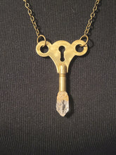 Load image into Gallery viewer, Antique Brass Clock Key with Clear Skeletal Root Quartz Handmade OOAK
