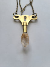 Load image into Gallery viewer, Antique Brass Clock Key with Clear Skeletal Root Quartz Handmade OOAK
