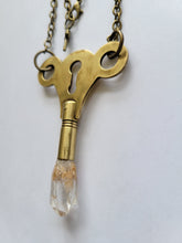 Load image into Gallery viewer, Antique Brass Clock Key with Clear Skeletal Root Quartz Handmade OOAK
