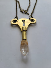 Load image into Gallery viewer, Antique Brass Clock Key with Clear Skeletal Root Quartz Handmade OOAK
