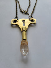 Load image into Gallery viewer, Antique Brass Clock Key with Clear Skeletal Root Quartz Handmade OOAK
