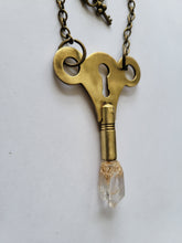 Load image into Gallery viewer, Antique Brass Clock Key with Clear Skeletal Root Quartz Handmade OOAK
