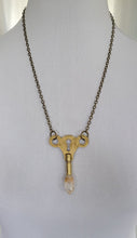 Load image into Gallery viewer, Antique Brass Clock Key with Clear Skeletal Root Quartz Handmade OOAK
