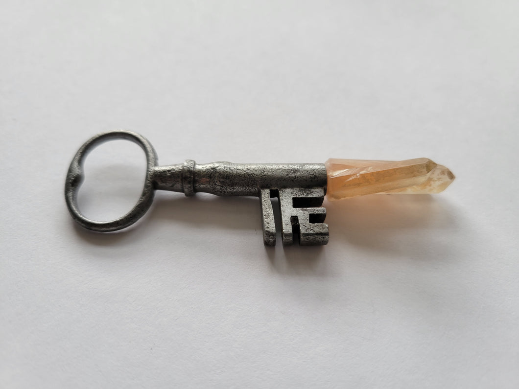 Antique Key with Papaya Quartz Twin Cluster Point Wand Handmade OOAK