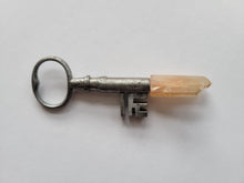 Load image into Gallery viewer, Antique Key with Papaya Quartz Twin Cluster Point Wand Handmade OOAK
