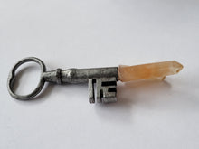 Load image into Gallery viewer, Antique Key with Papaya Quartz Twin Cluster Point Wand Handmade OOAK
