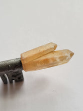 Load image into Gallery viewer, Antique Key with Papaya Quartz Twin Cluster Point Wand Handmade OOAK
