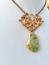 Load image into Gallery viewer, Vintage Brass Stamping with a Light Copper Wash with Real Turquoise Handmade OOAK
