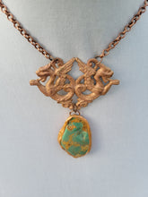 Load image into Gallery viewer, Vintage Brass Stamping with a Light Copper Wash with Real Turquoise Handmade OOAK
