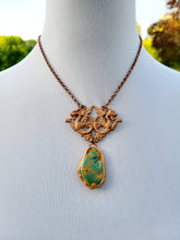 Load image into Gallery viewer, Vintage Brass Stamping with a Light Copper Wash with Real Turquoise Handmade OOAK
