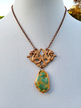 Load image into Gallery viewer, Vintage Brass Stamping with a Light Copper Wash with Real Turquoise Handmade OOAK
