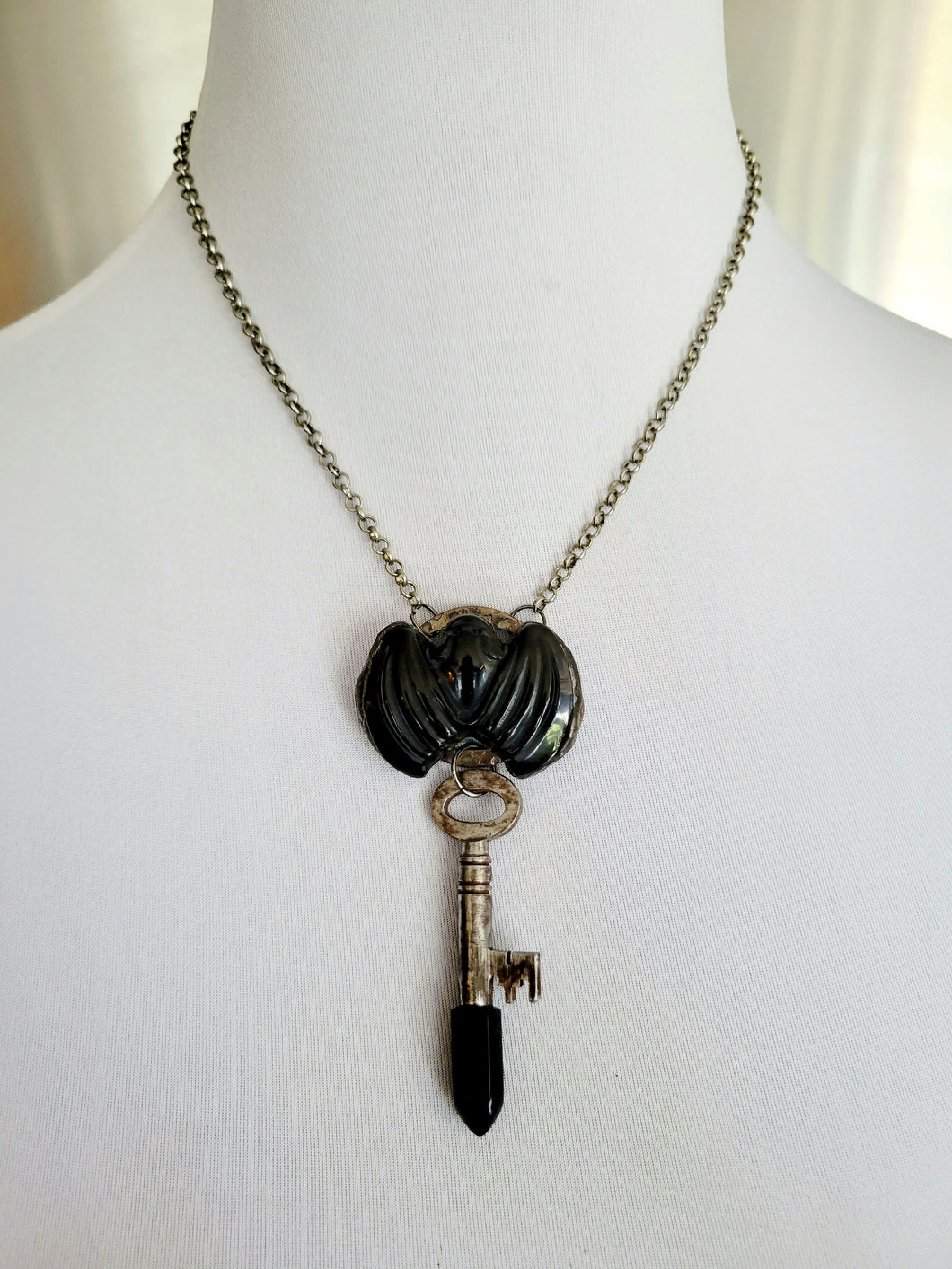 Obsidian Bat with Antique Vintage Key Set with Black Obsidian Point Handmade OOAK