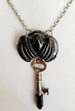 Load image into Gallery viewer, Obsidian Bat with Antique Vintage Key Set with Black Obsidian Point Handmade OOAK
