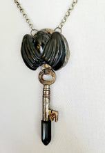 Load image into Gallery viewer, Obsidian Bat with Antique Vintage Key Set with Black Obsidian Point Handmade OOAK
