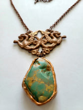 Load image into Gallery viewer, Vintage Brass Stamping with a Light Copper Wash with Real Turquoise Handmade OOAK
