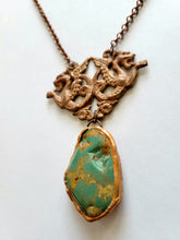 Load image into Gallery viewer, Vintage Brass Stamping with a Light Copper Wash with Real Turquoise Handmade OOAK
