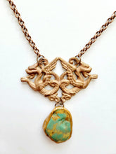 Load image into Gallery viewer, Vintage Brass Stamping with a Light Copper Wash with Real Turquoise Handmade OOAK
