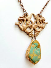 Load image into Gallery viewer, Vintage Brass Stamping with a Light Copper Wash with Real Turquoise Handmade OOAK
