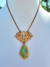 Load image into Gallery viewer, Vintage Brass Stamping with a Light Copper Wash with Real Turquoise Handmade OOAK
