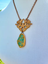 Load image into Gallery viewer, Vintage Brass Stamping with a Light Copper Wash with Real Turquoise Handmade OOAK
