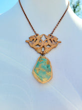 Load image into Gallery viewer, Vintage Brass Stamping with a Light Copper Wash with Real Turquoise Handmade OOAK
