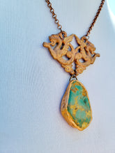 Load image into Gallery viewer, Vintage Brass Stamping with a Light Copper Wash with Real Turquoise Handmade OOAK
