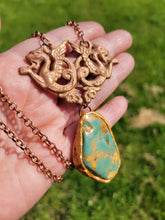 Load image into Gallery viewer, Vintage Brass Stamping with a Light Copper Wash with Real Turquoise Handmade OOAK
