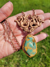 Load image into Gallery viewer, Vintage Brass Stamping with a Light Copper Wash with Real Turquoise Handmade OOAK
