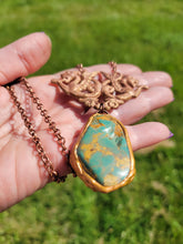 Load image into Gallery viewer, Vintage Brass Stamping with a Light Copper Wash with Real Turquoise Handmade OOAK
