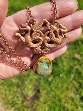 Load image into Gallery viewer, Vintage Brass Stamping with a Light Copper Wash with Real Turquoise Handmade OOAK
