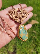 Load image into Gallery viewer, Vintage Brass Stamping with a Light Copper Wash with Real Turquoise Handmade OOAK
