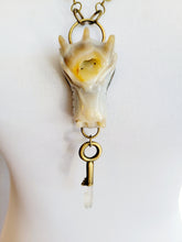 Load image into Gallery viewer, Large Agate Druzy Dragon Head Holding Antique Brass Key with Dolphin Twin Natural Gray Lithium Quartz Point Handmade OOAK
