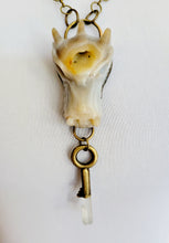 Load image into Gallery viewer, Large Agate Druzy Dragon Head Holding Antique Brass Key with Dolphin Twin Natural Gray Lithium Quartz Point Handmade OOAK
